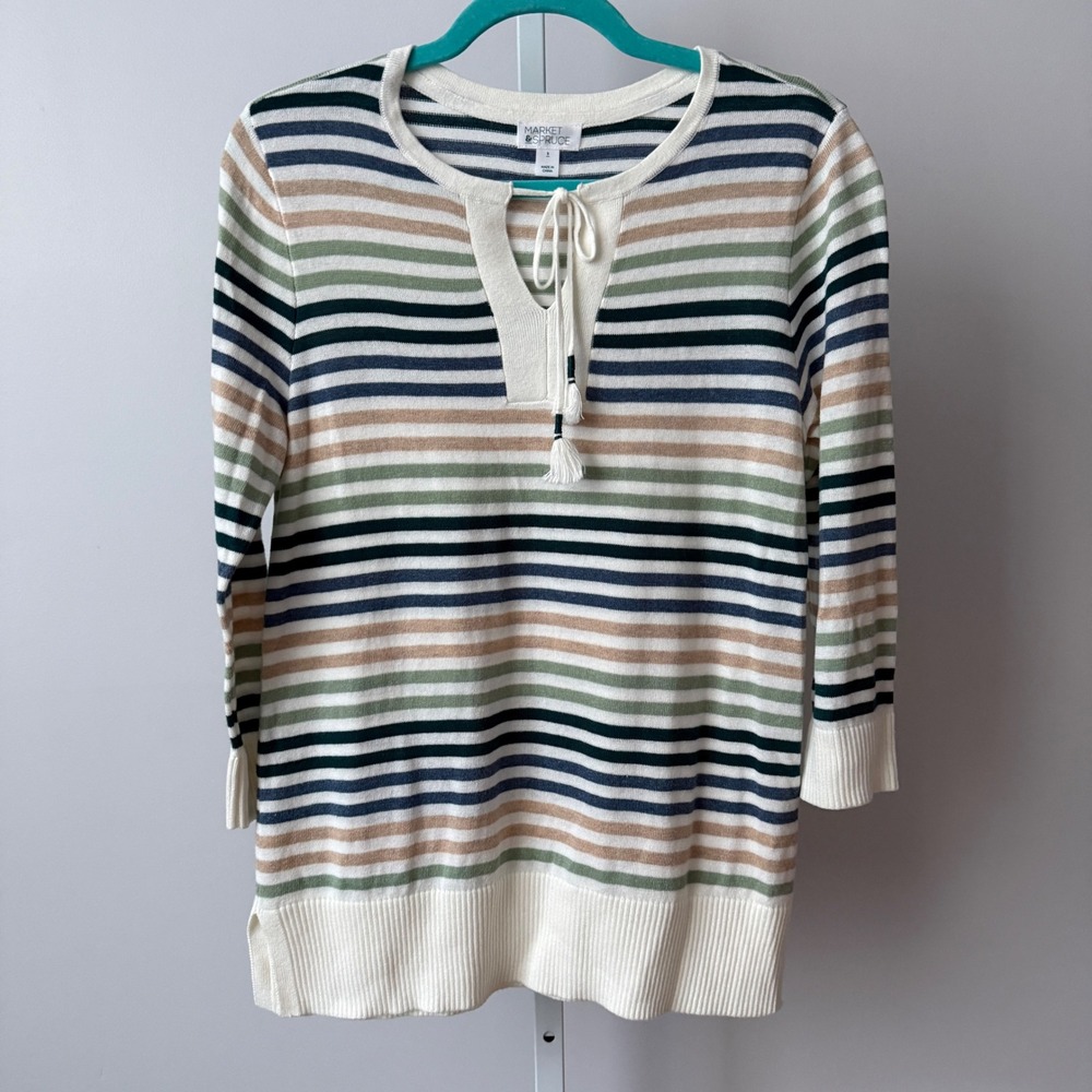 MARKET & SPRUCE sz S Striped Tie Neck Tunic Sweater Festive‎ Casual Preppy